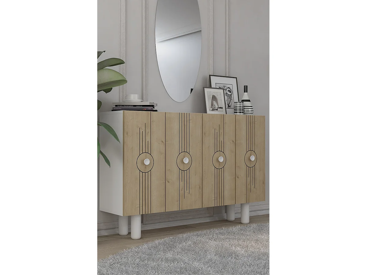 Aparador – 120cm x 75cm x 29,6cm – Roble Blanco y Zafiro – Tablero aglomerado revestido de melamina