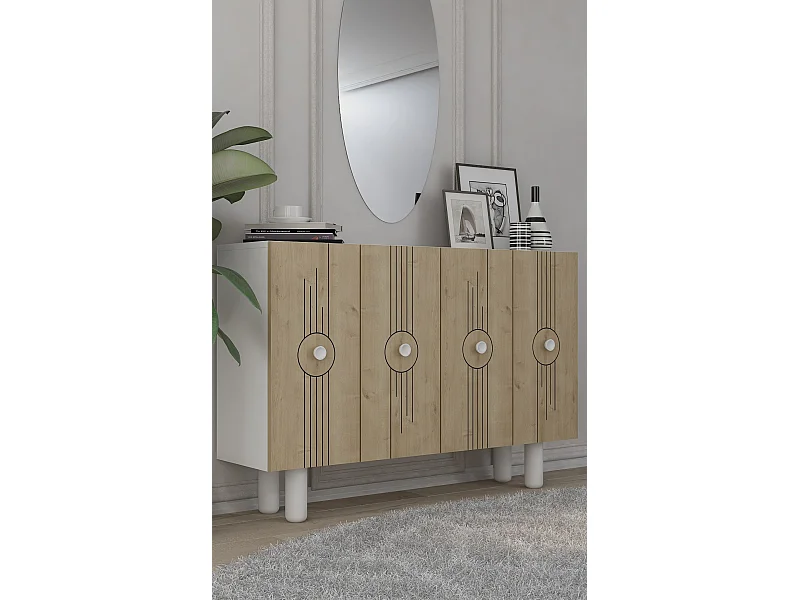 Credenza – 120 cm x 75 cm x 29,6 cm – Rovere bianco e zaffiro – Truciolare rivestito in melaminico