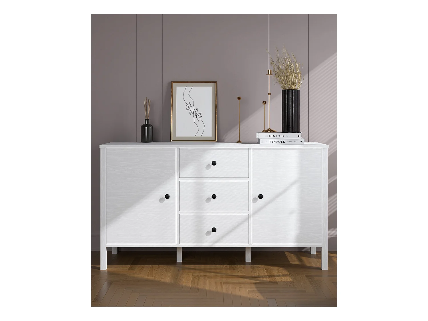 Buffet en bois – 150 cm de large, 82 cm de haut, 44 cm de profondeur – Blanc – Panneau de particules mélaminé