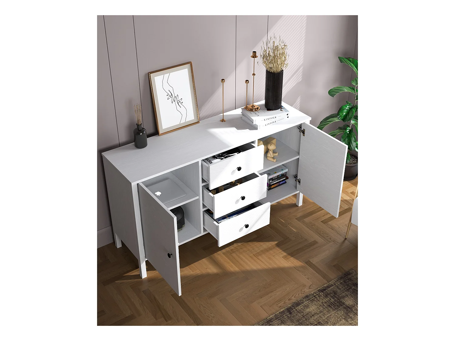 Buffet en bois – 150 cm de large, 82 cm de haut, 44 cm de profondeur – Blanc – Panneau de particules mélaminé