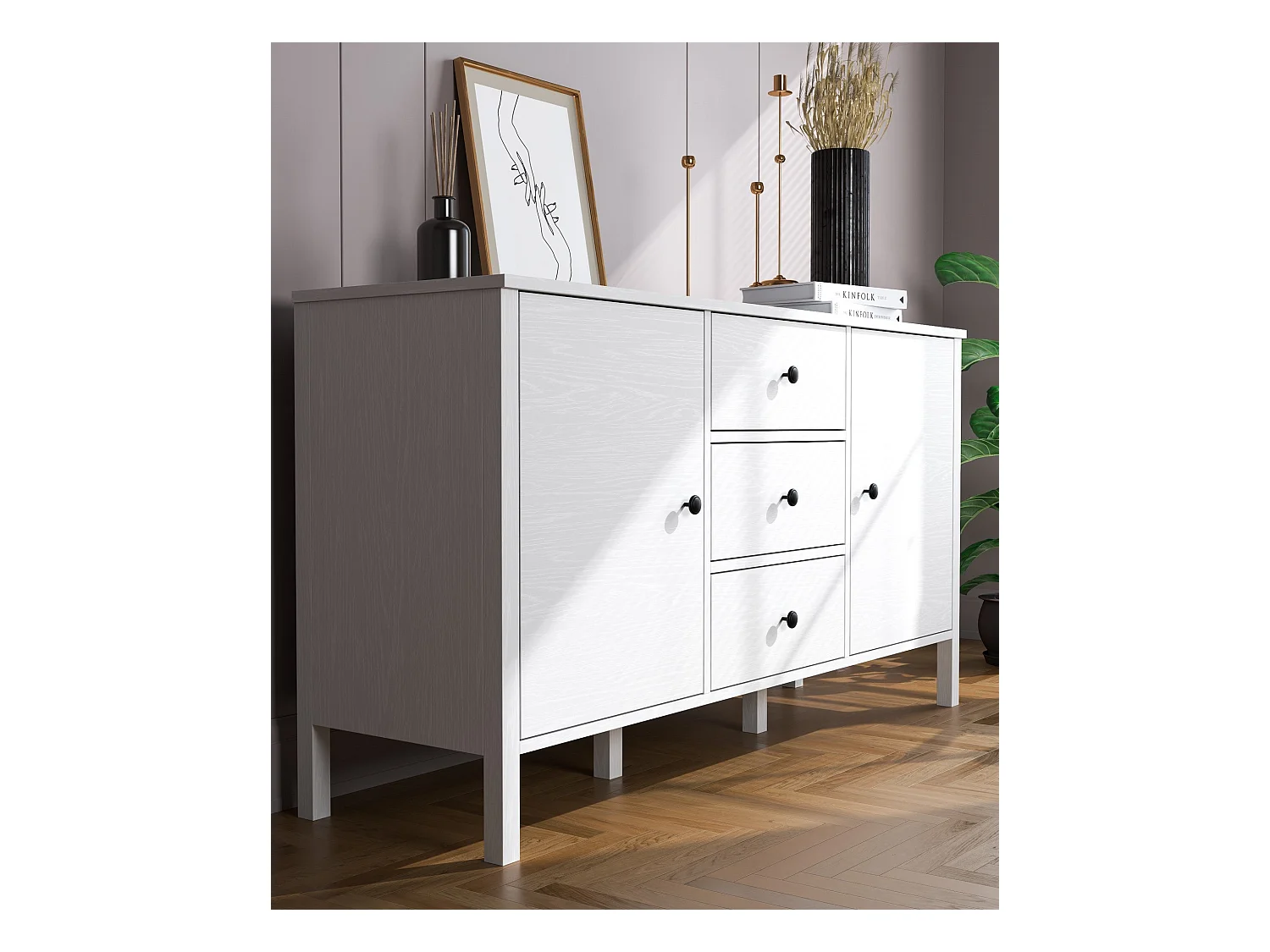 Buffet en bois – 150 cm de large, 82 cm de haut, 44 cm de profondeur – Blanc – Panneau de particules mélaminé