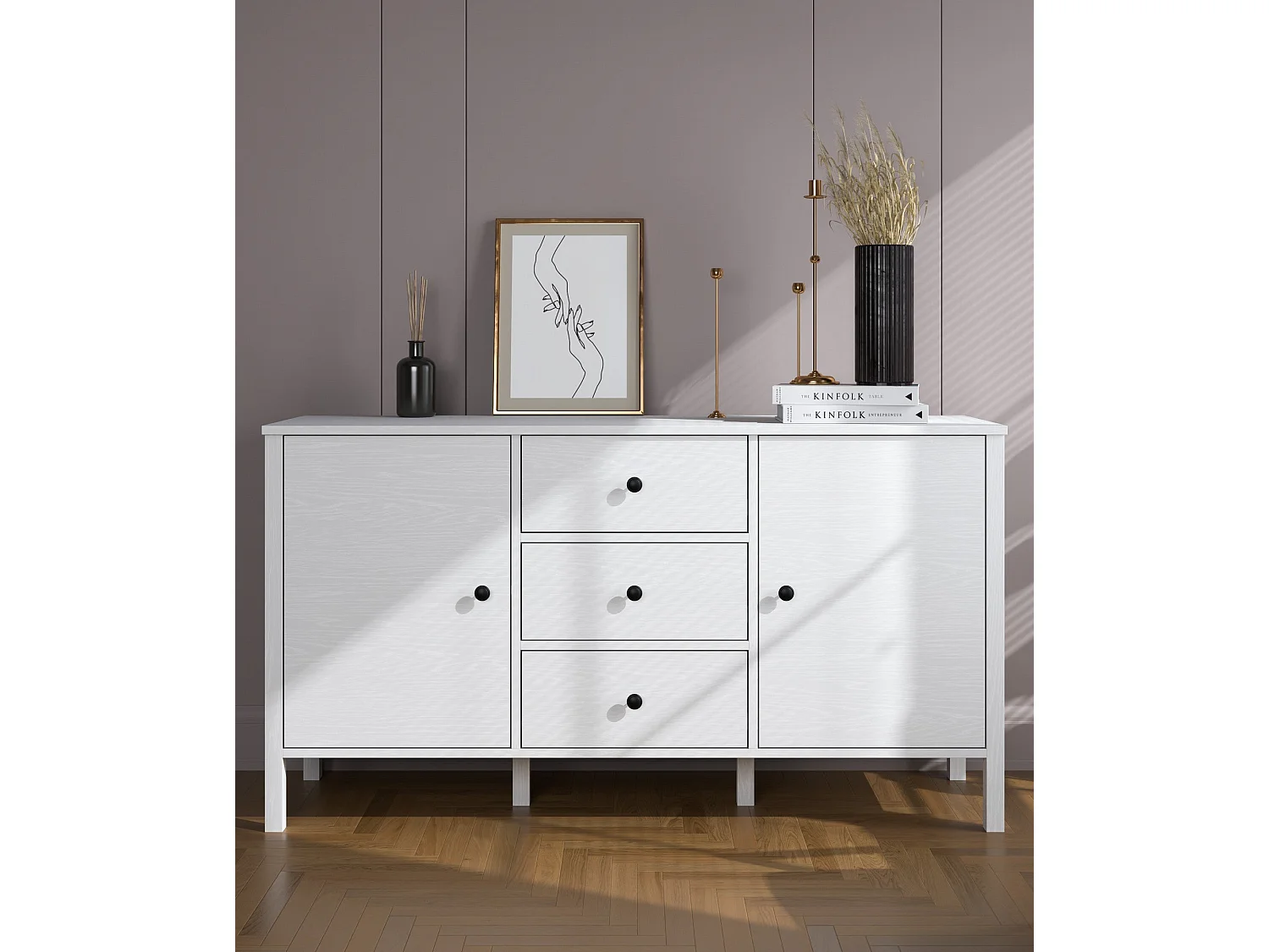 Buffet en bois – 150 cm de large, 82 cm de haut, 44 cm de profondeur – Blanc – Panneau de particules mélaminé