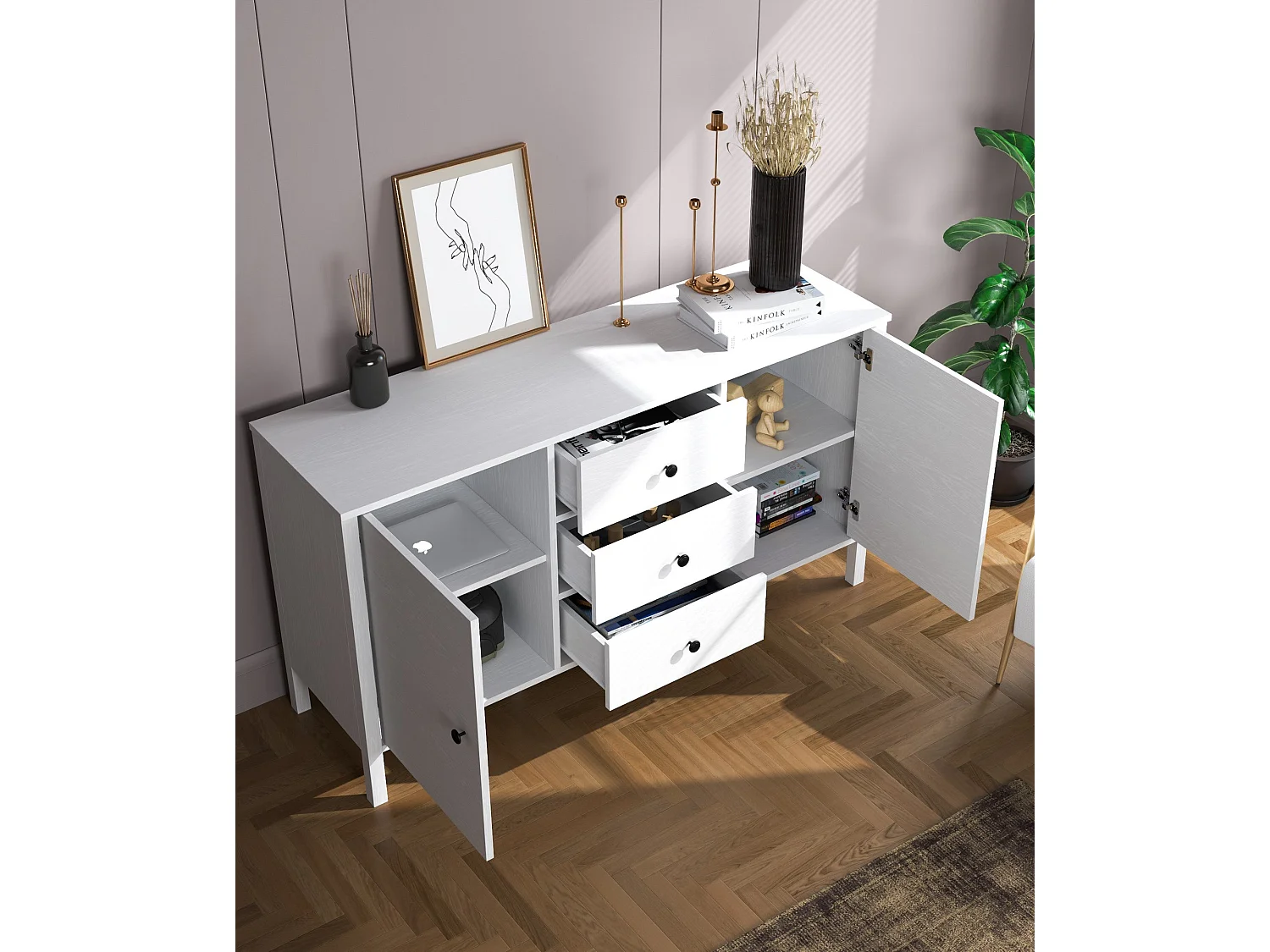 Buffet en bois – 150 cm de large, 82 cm de haut, 44 cm de profondeur – Blanc – Panneau de particules mélaminé