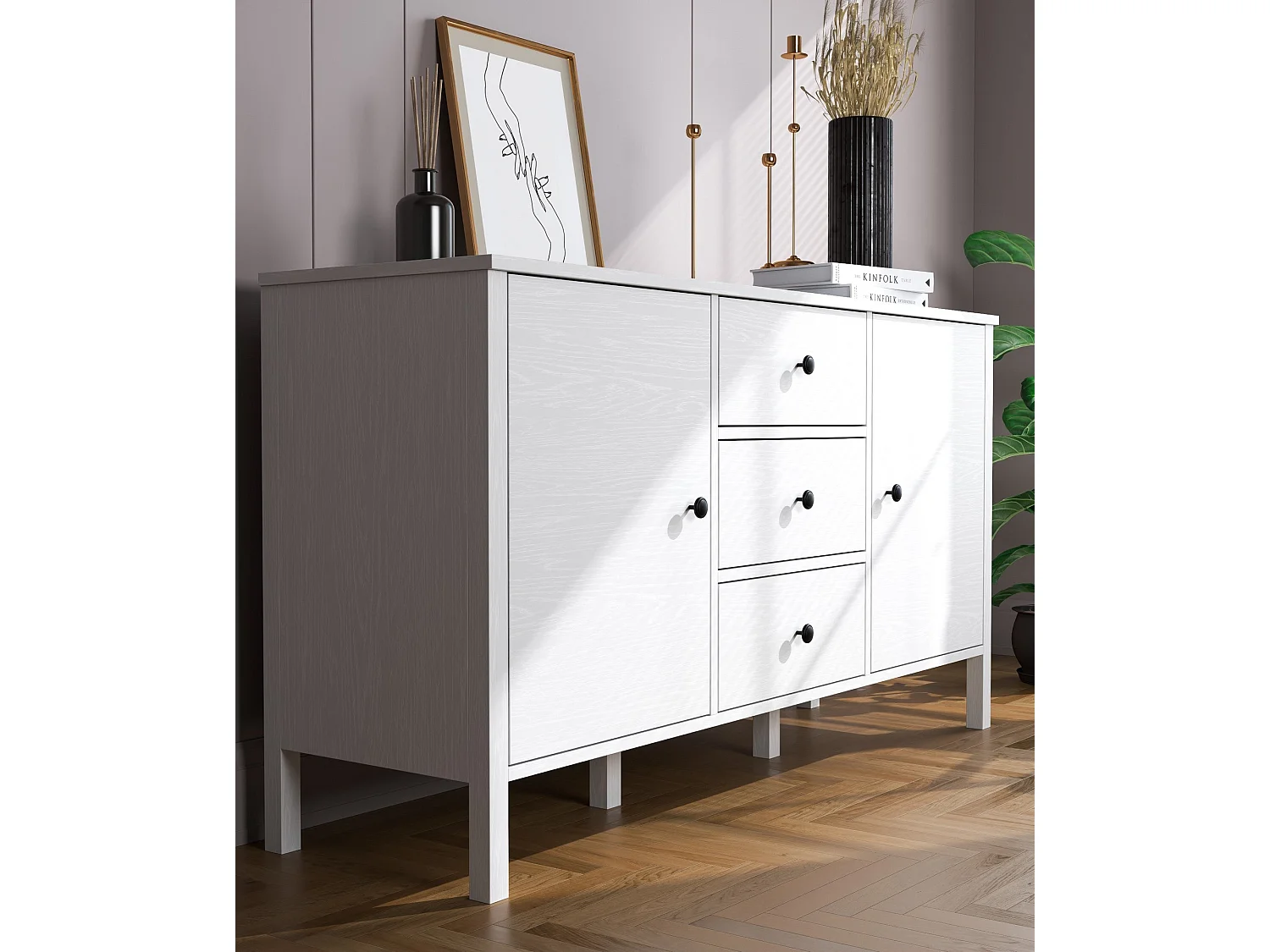 Buffet en bois – 150 cm de large, 82 cm de haut, 44 cm de profondeur – Blanc – Panneau de particules mélaminé