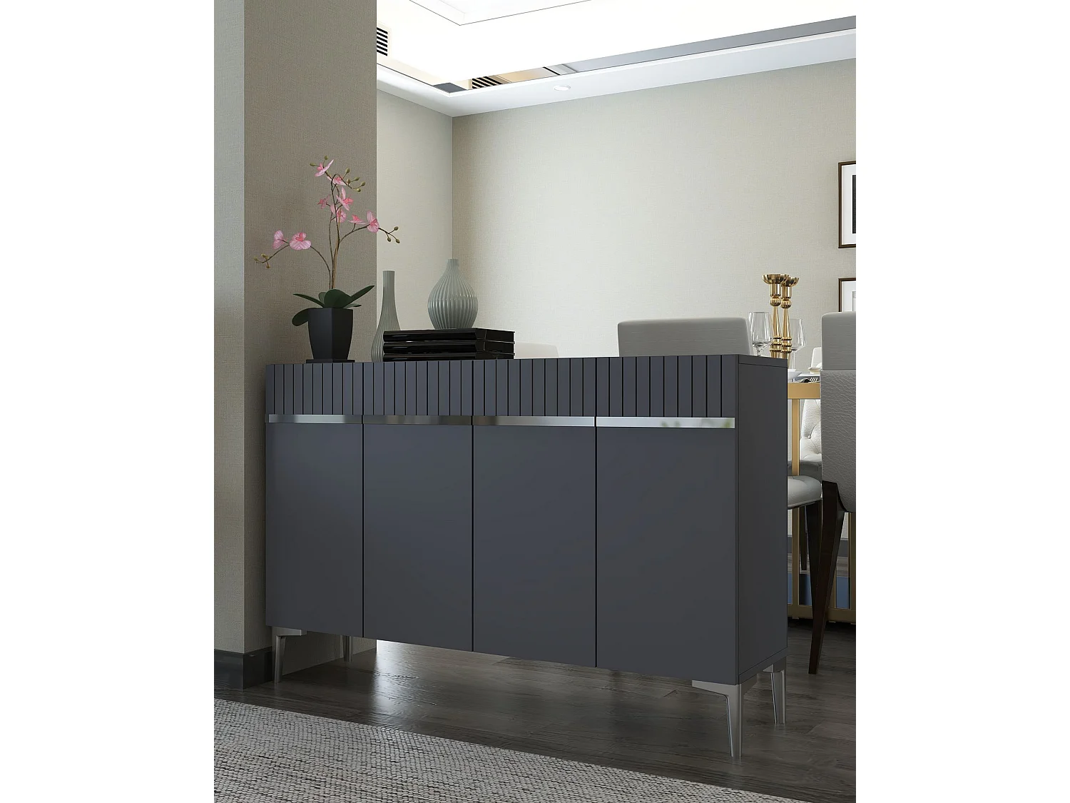 Buffet en MDF mélaminé – 120 cm x 80 cm x 29,6 cm – Anthracite et Argent