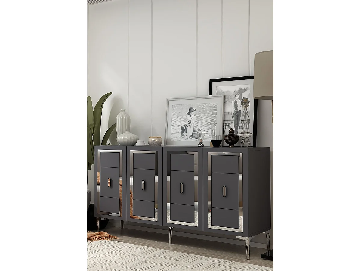 Komoda – 150 cm x 75 cm x 35 cm – Antracyt i srebro – Płyta wiórowa