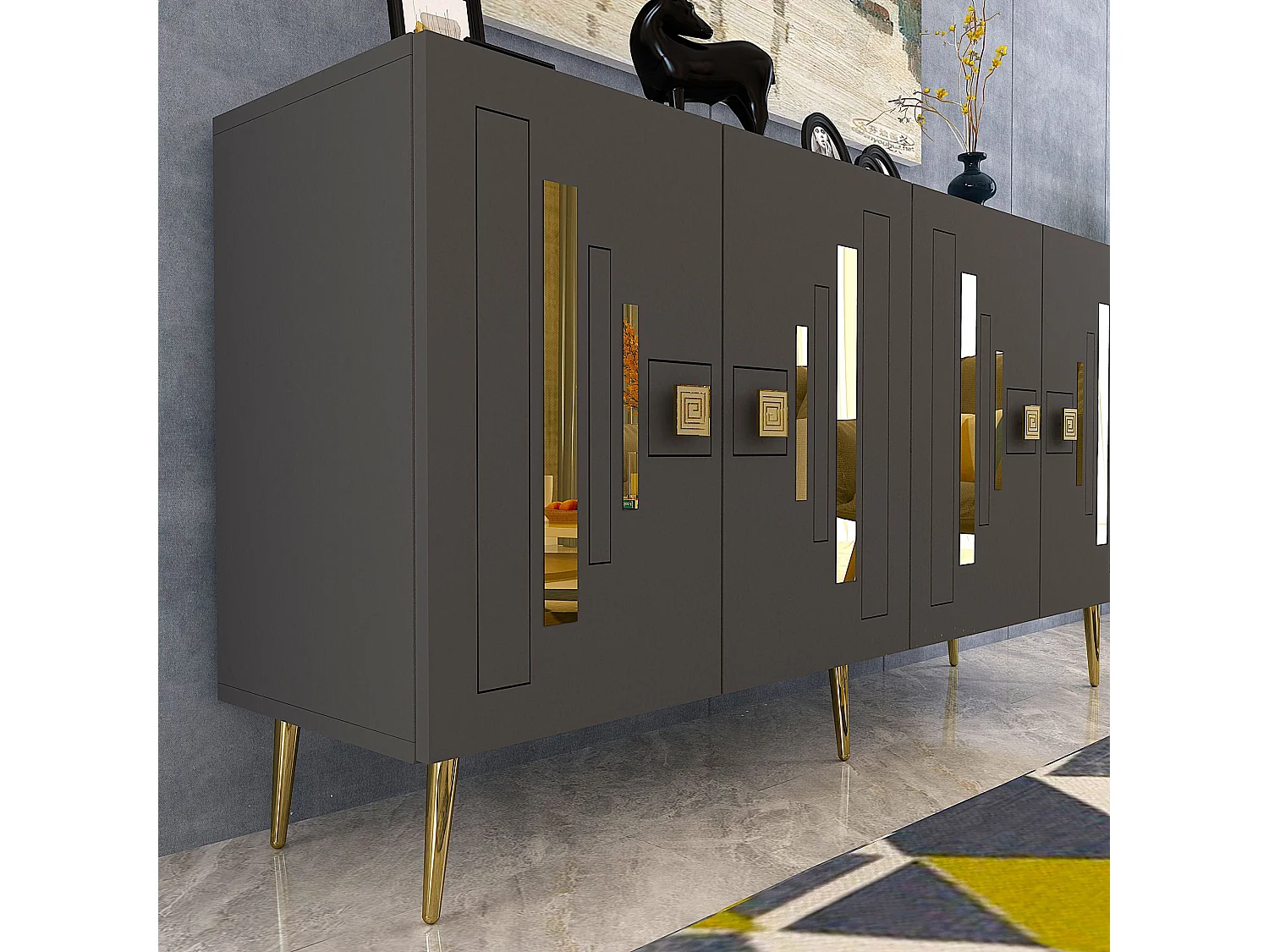 Buffet en aggloméré mélaminé – 150 cm x 75 cm x 35 cm – Anthracite et or