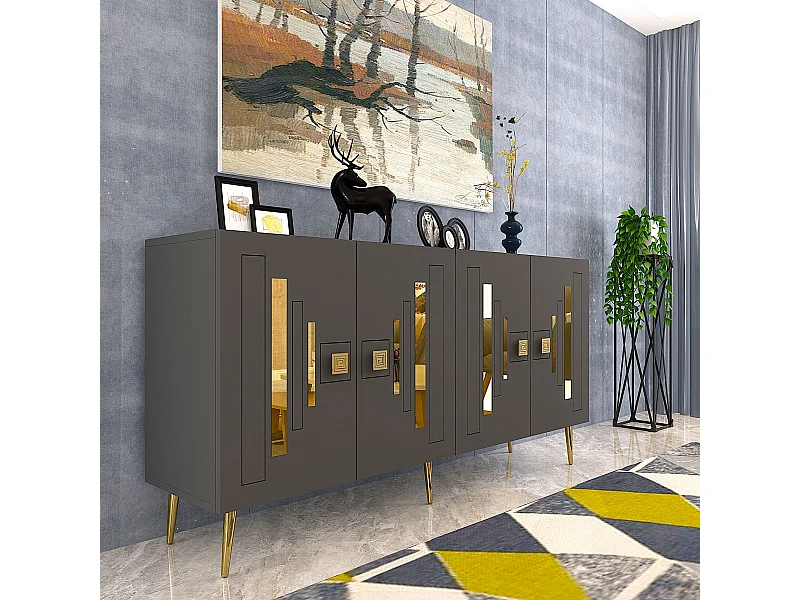 Buffet en aggloméré mélaminé – 150 cm x 75 cm x 35 cm – Anthracite et or