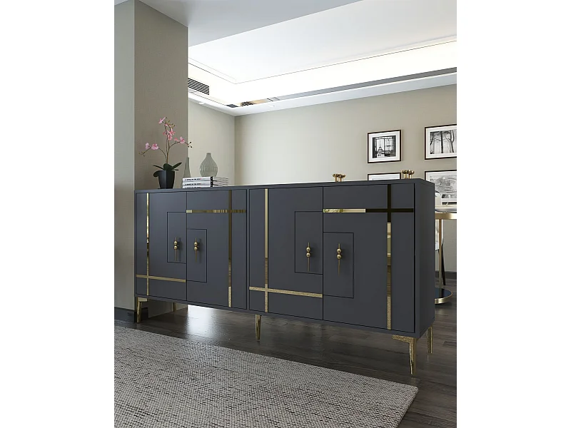 Buffet – 180 cm x 78,6 cm x 35 cm – Anthracite et Or – Panneau de particules mélaminé