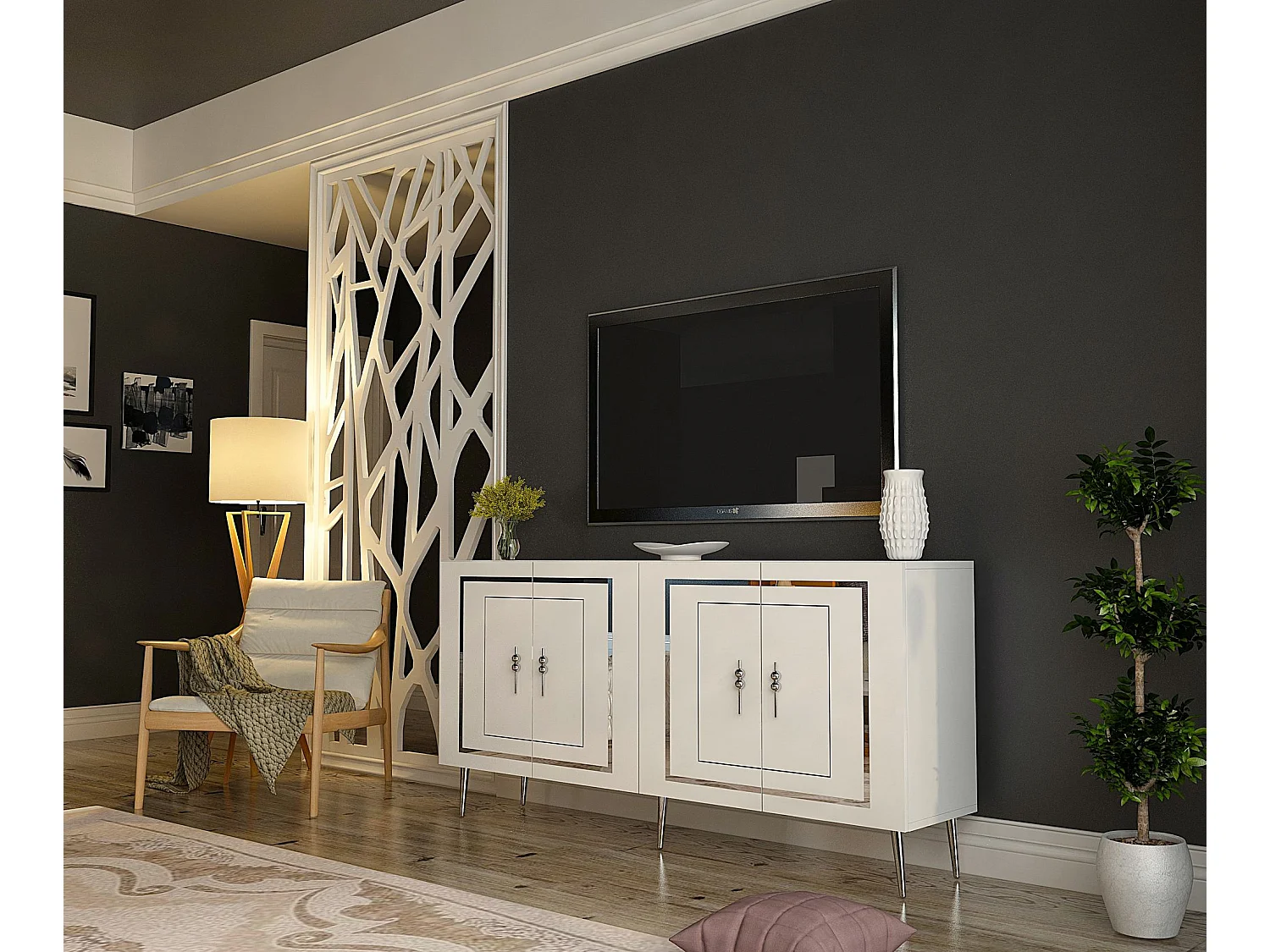 Credenza – 150 cm – Bianco e Argento – Pannello truciolare con rivestimento in melaminico