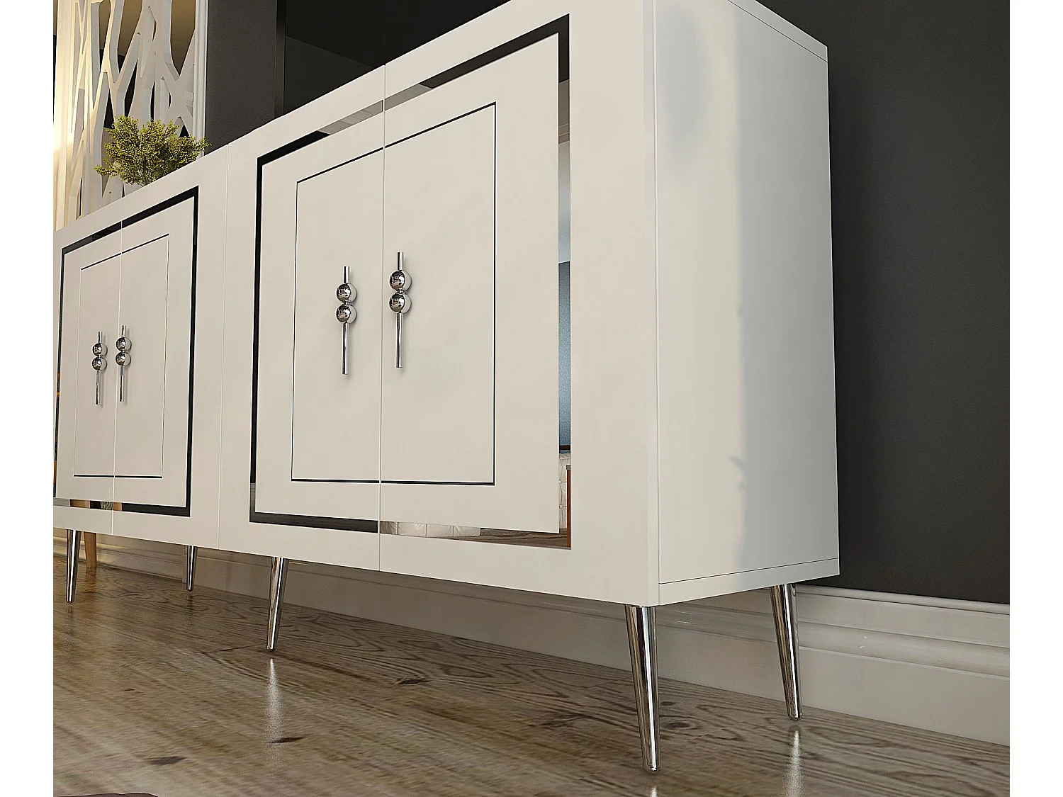 Credenza – 150 cm – Bianco e Argento – Pannello truciolare con rivestimento in melaminico