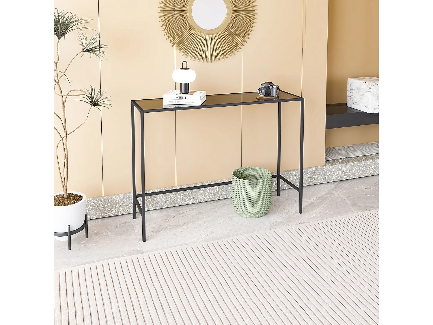 Buffet – 100 cm x 80 cm x 30 cm – Noir et Fumé – Métal et Verre