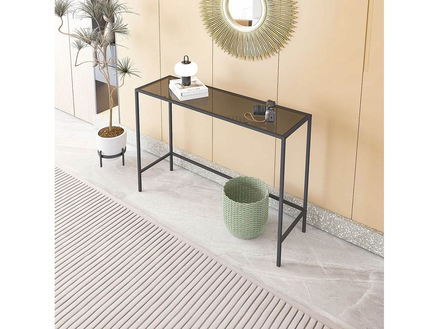 Buffet – 100 cm x 80 cm x 30 cm – Noir et Fumé – Métal et Verre