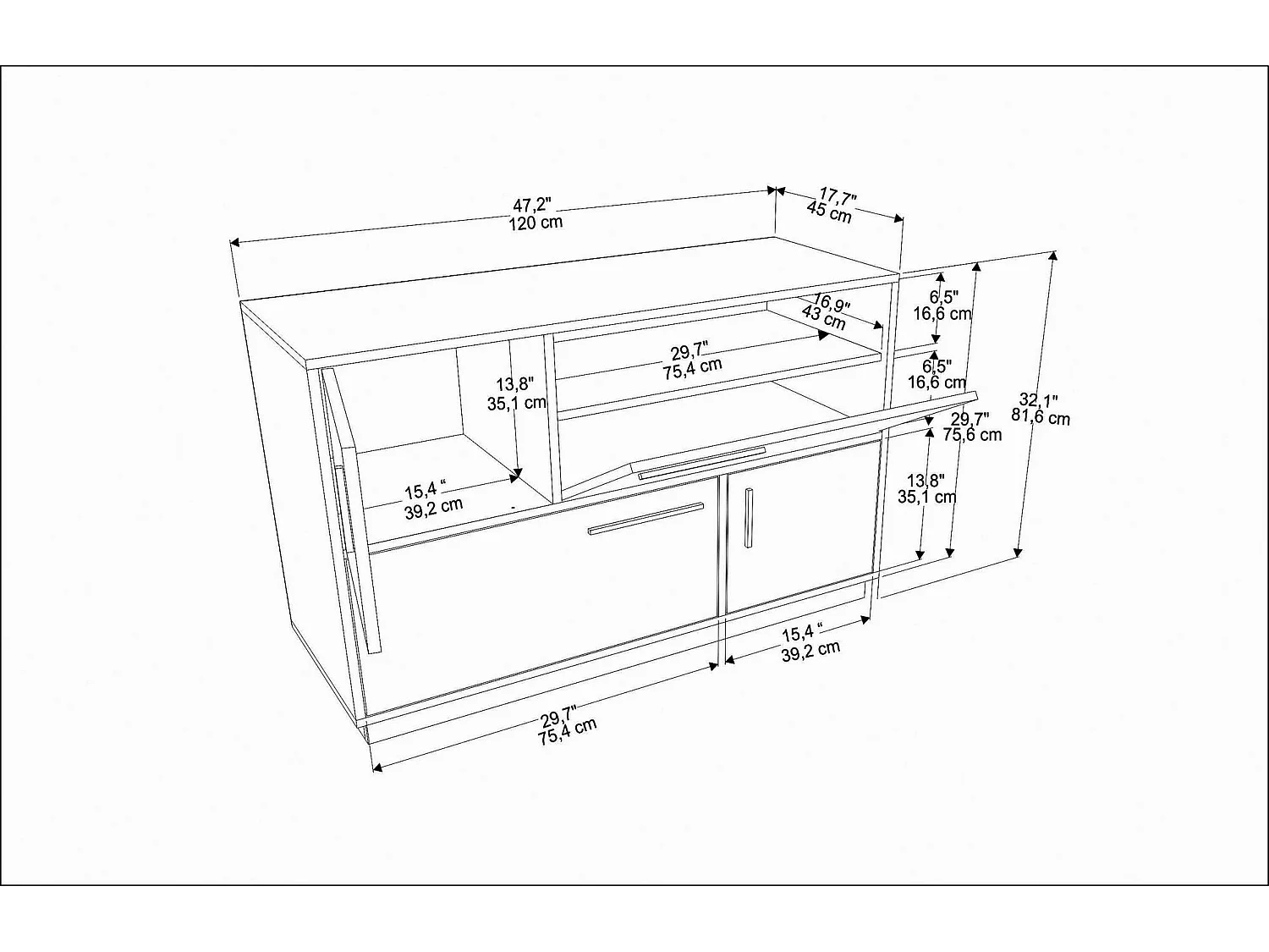 Modern dressoir, wit en walnoot, 120 x 45 x 81,6 cm | 100% melamine gecoat spaanplaat, 18 mm dik | Elegant en functioneel voor woonaccessoires