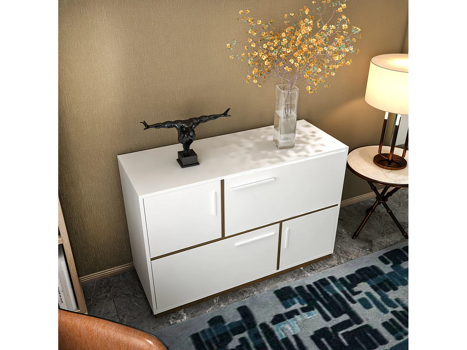 Modern dressoir, wit en walnoot, 120 x 45 x 81,6 cm | 100% melamine gecoat spaanplaat, 18 mm dik | Elegant en functioneel voor woonaccessoires