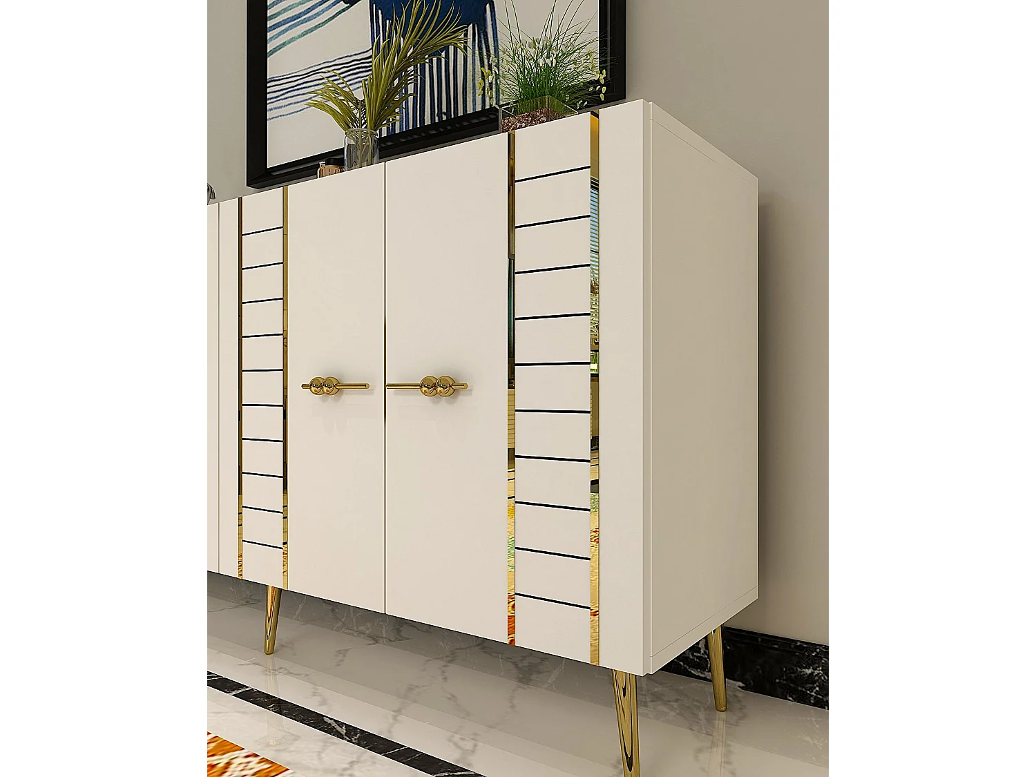 Komoda – 150 cm – Biało-złota – Płyta wiórowa