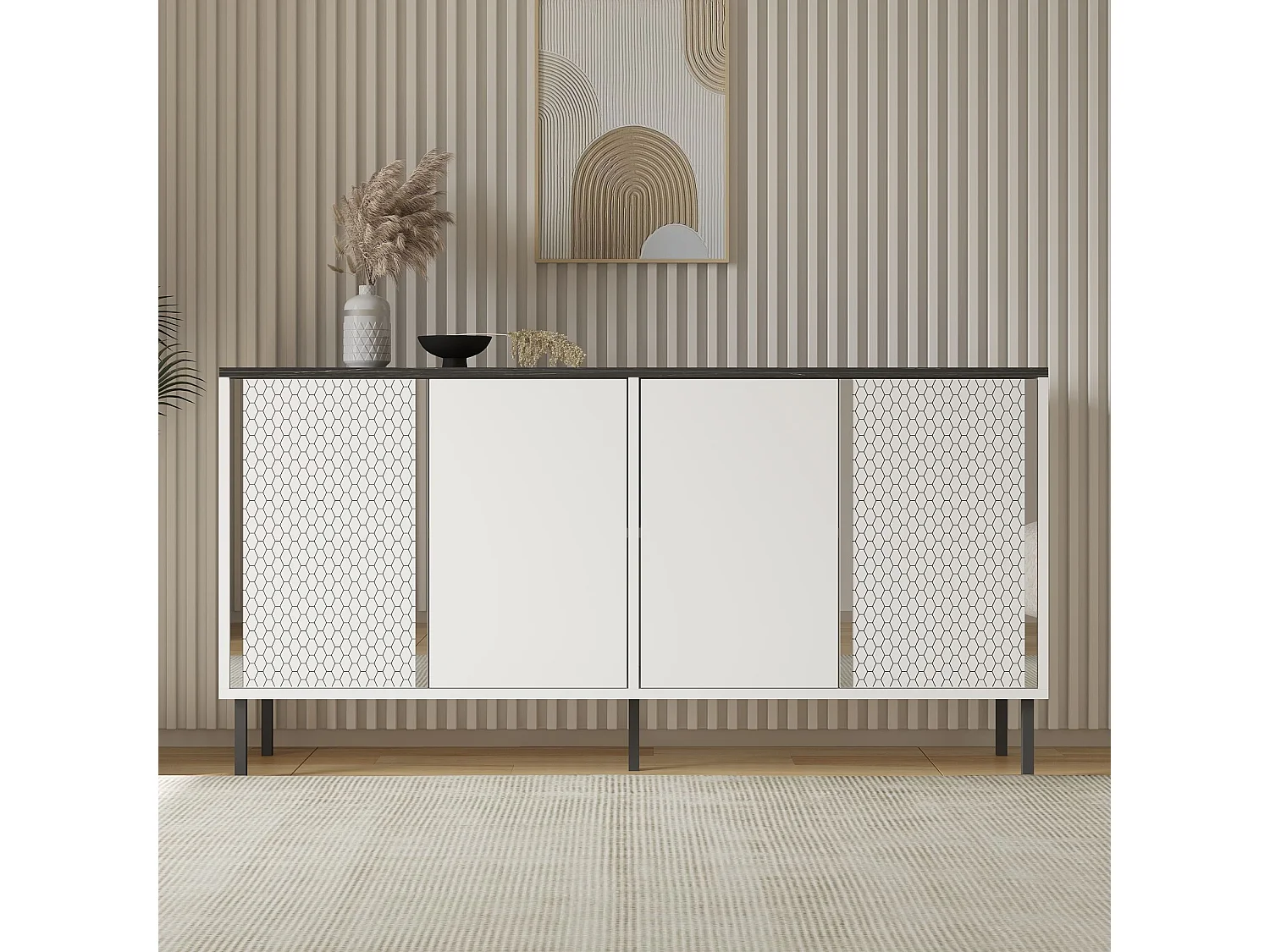 Buffet – 150 cm x 75 cm x 36 cm – Blanc et Royal – Aggloméré avec revêtement mélaminé