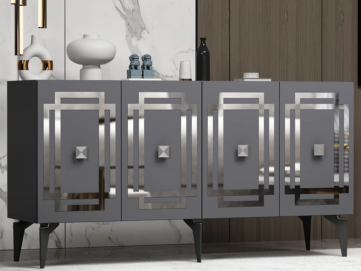 Komoda – 150 cm x 79 cm x 40 cm – Antracyt i srebro – Płyta wiórowa