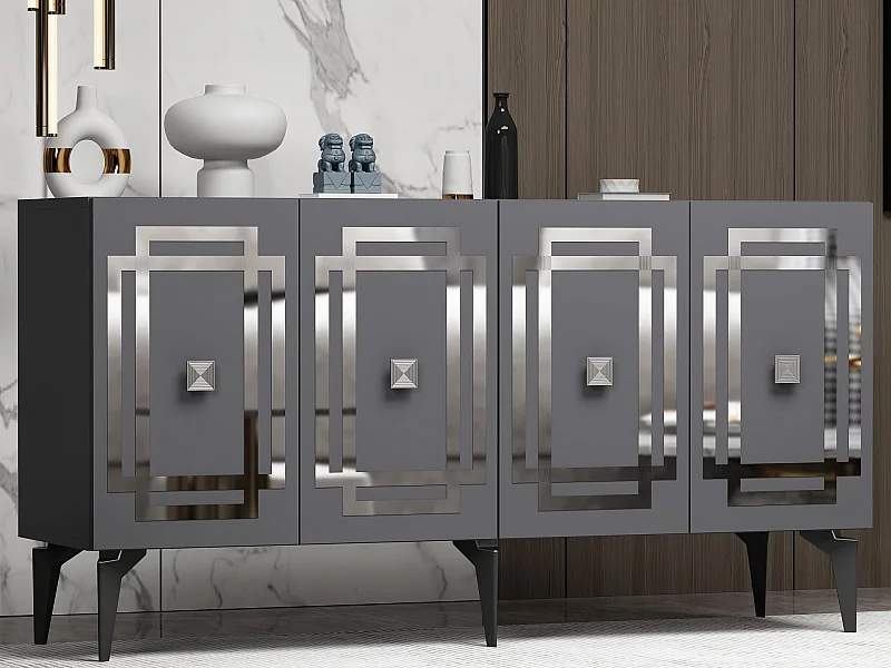 Komoda – 150 cm x 79 cm x 40 cm – Antracyt i srebro – Płyta wiórowa