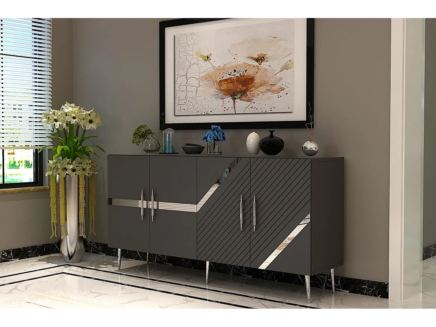 Sideboard – 150 cm – Anthrazit und Silber – Melaminbeschichtete Spanplatte