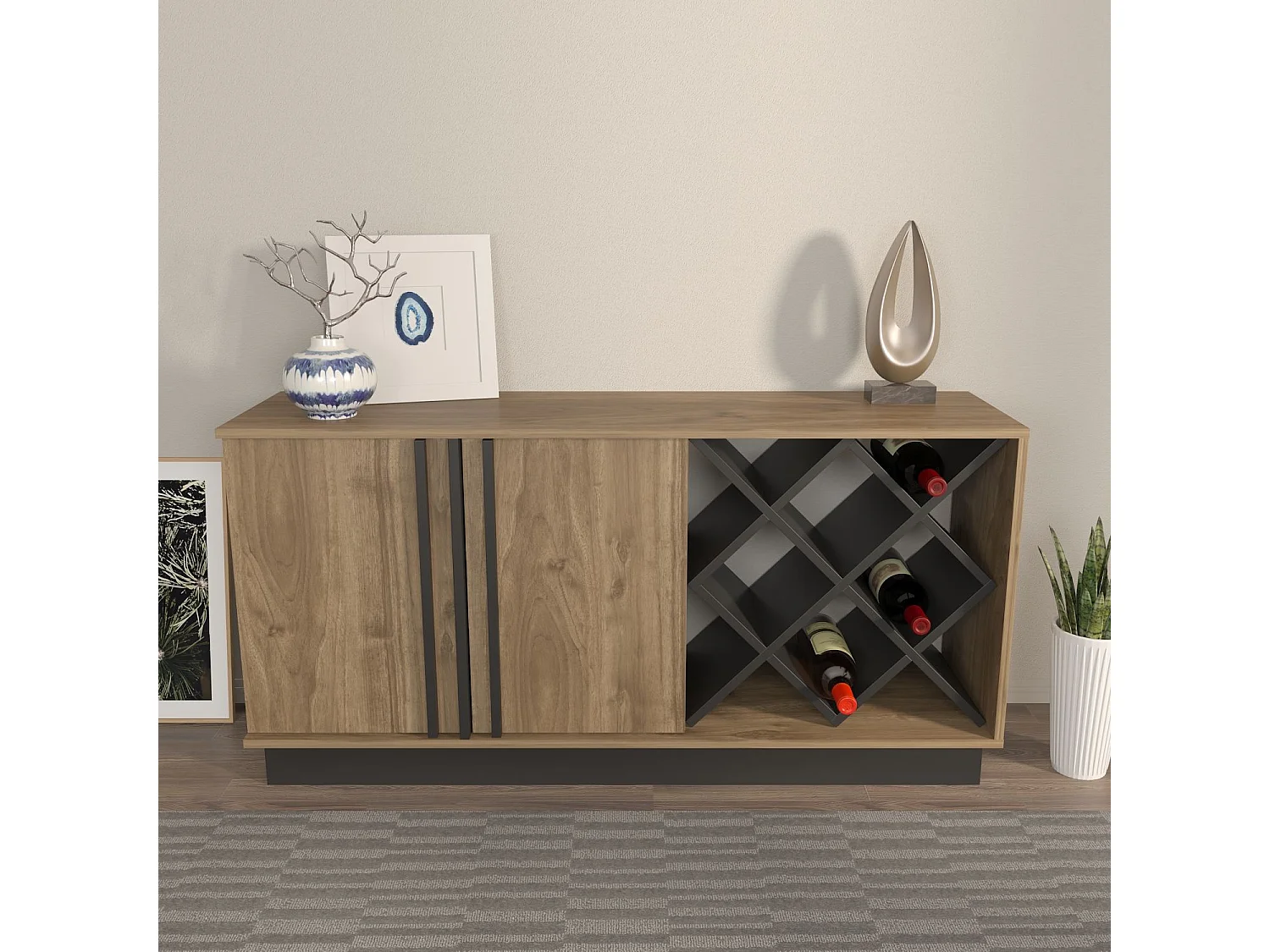 Dressoir in MDF gecoat met melamine – 148x70x40 cm – Walnoot en Zwart