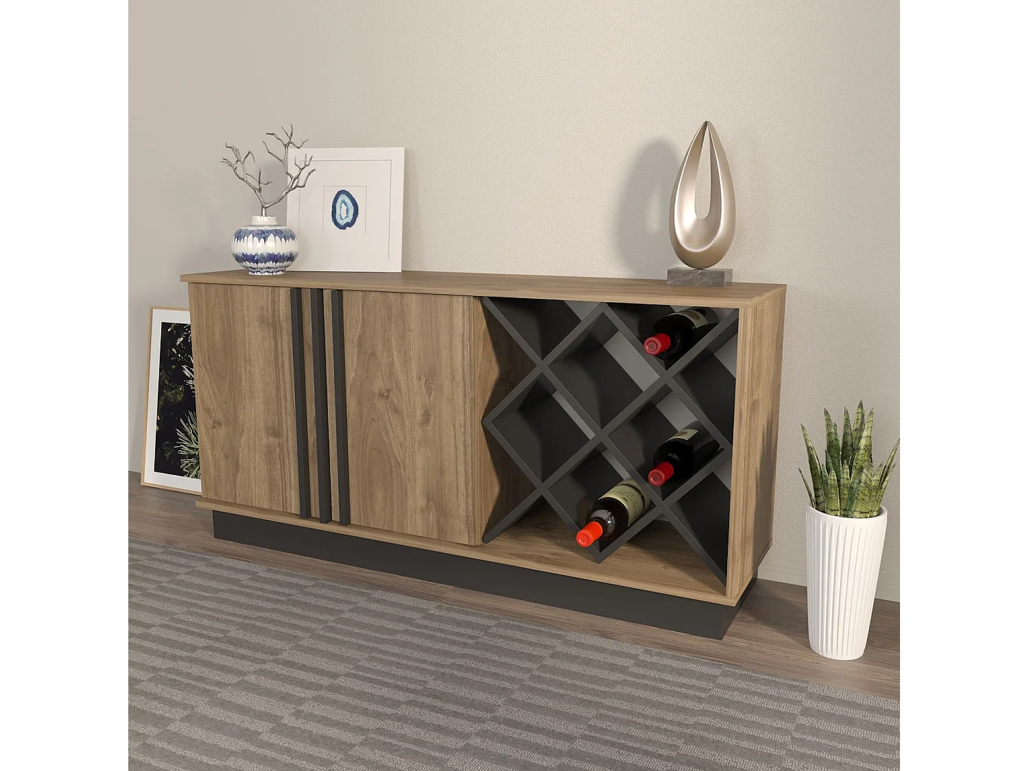 Dressoir in MDF gecoat met melamine – 148x70x40 cm – Walnoot en Zwart