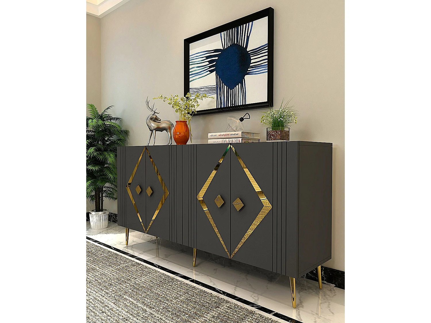 Komoda – 150 cm x 75 cm x 35 cm – Antracyt i złoto – Płyta wiórowa pokryta 100% melaminą