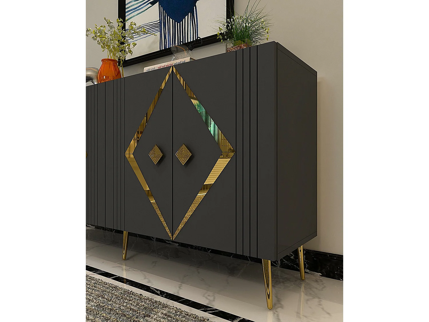 Komoda – 150 cm x 75 cm x 35 cm – Antracyt i złoto – Płyta wiórowa pokryta 100% melaminą