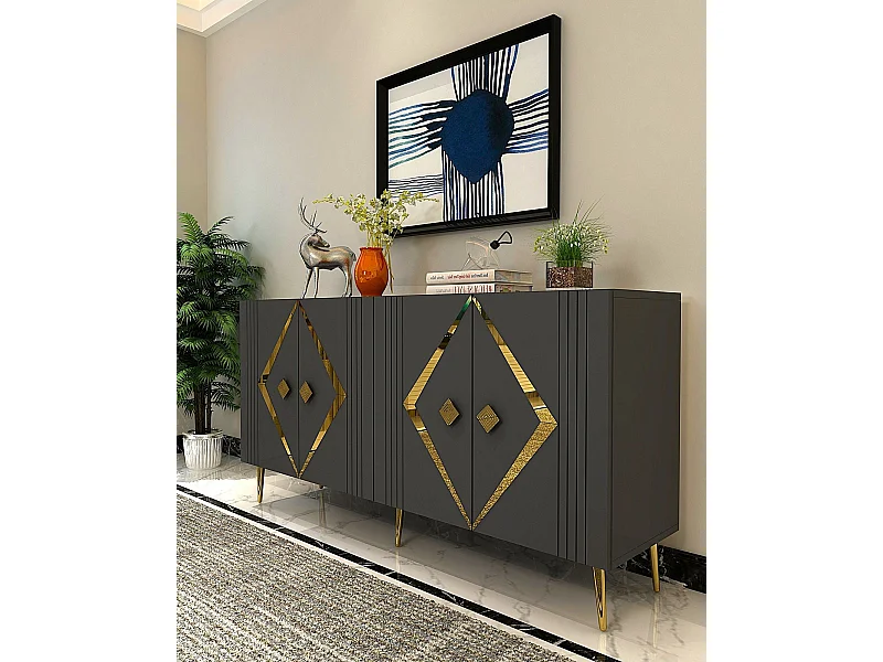 Komoda – 150 cm x 75 cm x 35 cm – Antracyt i złoto – Płyta wiórowa pokryta 100% melaminą