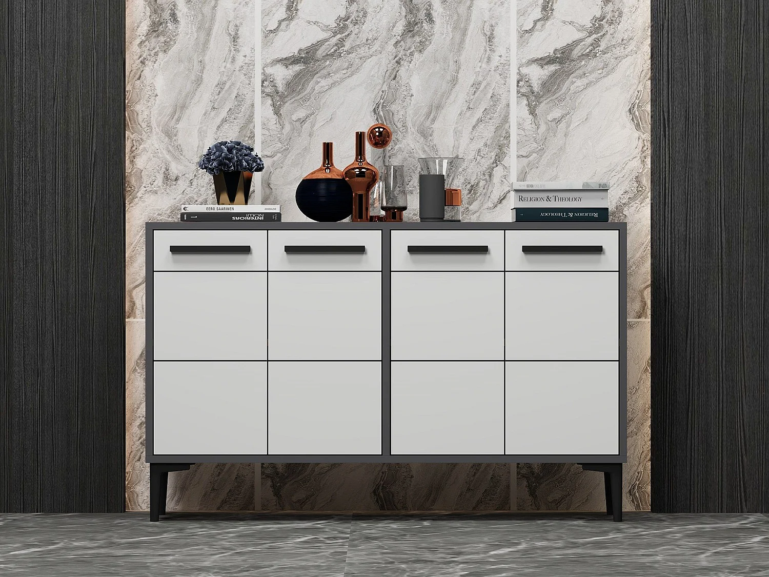 Komoda RTV – 120 cm x 30 cm x 75 cm – Antracyt i biel – Płyta wiórowa pokryta melaminą