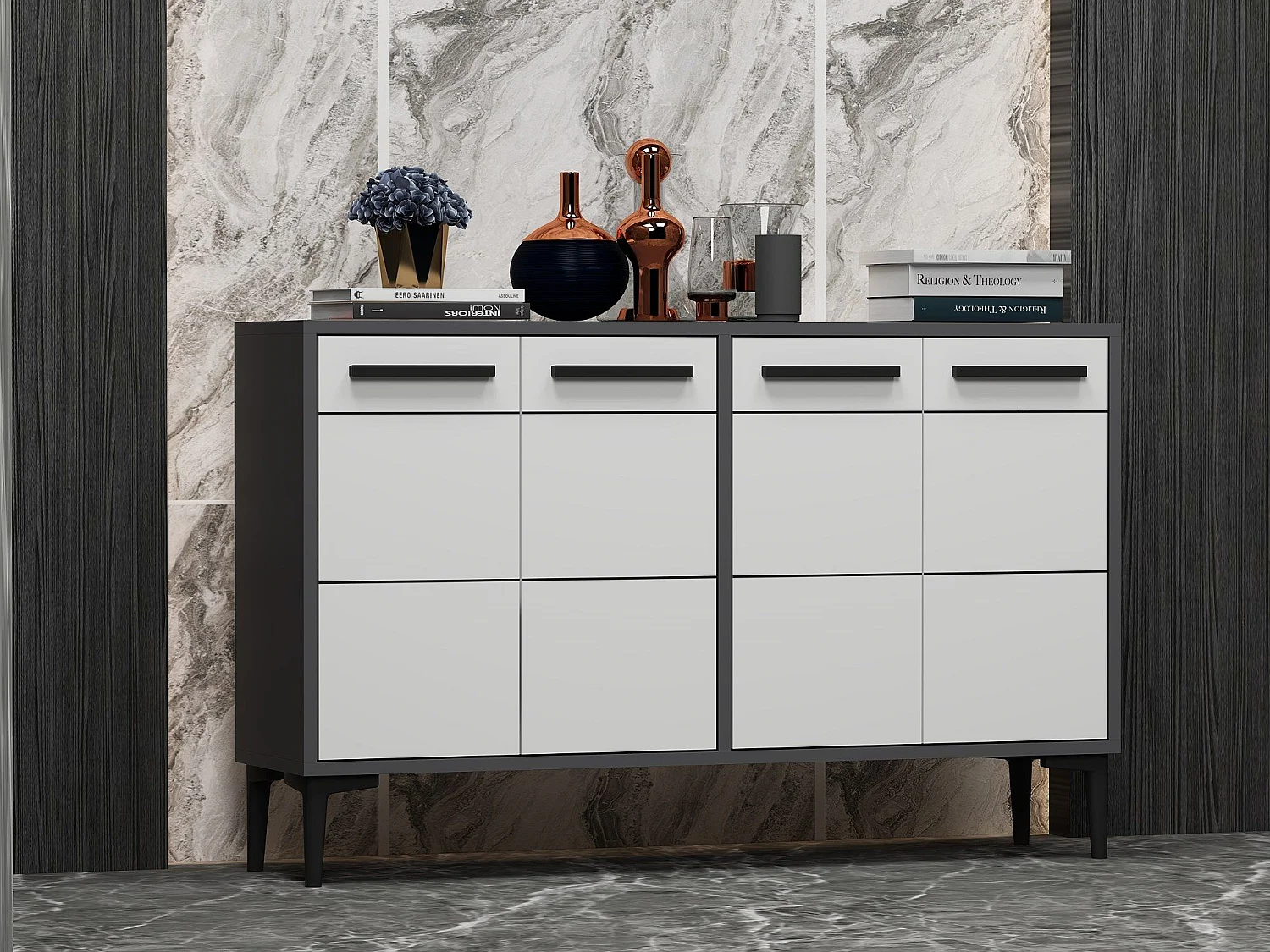 Komoda RTV – 120 cm x 30 cm x 75 cm – Antracyt i biel – Płyta wiórowa pokryta melaminą