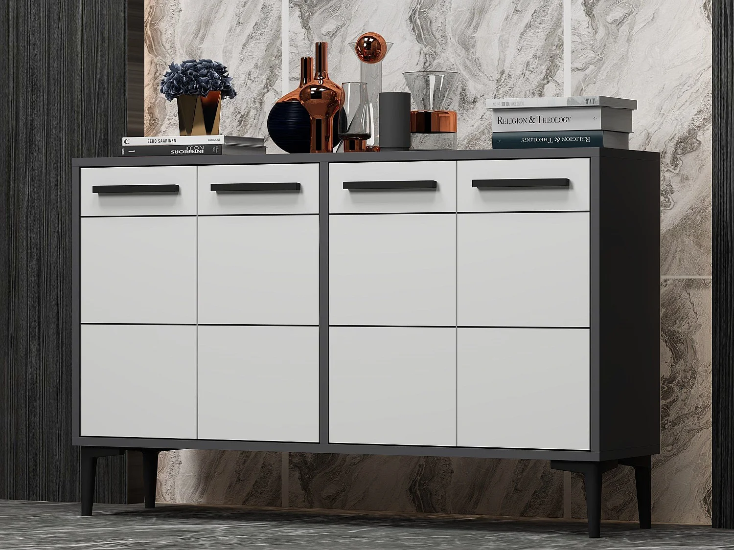 Komoda RTV – 120 cm x 30 cm x 75 cm – Antracyt i biel – Płyta wiórowa pokryta melaminą