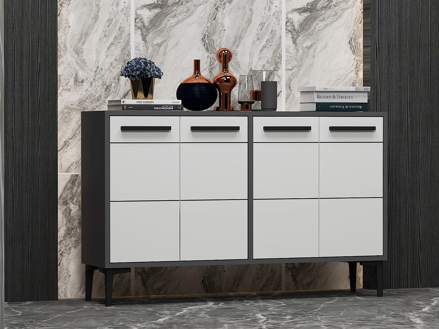 Komoda RTV – 120 cm x 30 cm x 75 cm – Antracyt i biel – Płyta wiórowa pokryta melaminą