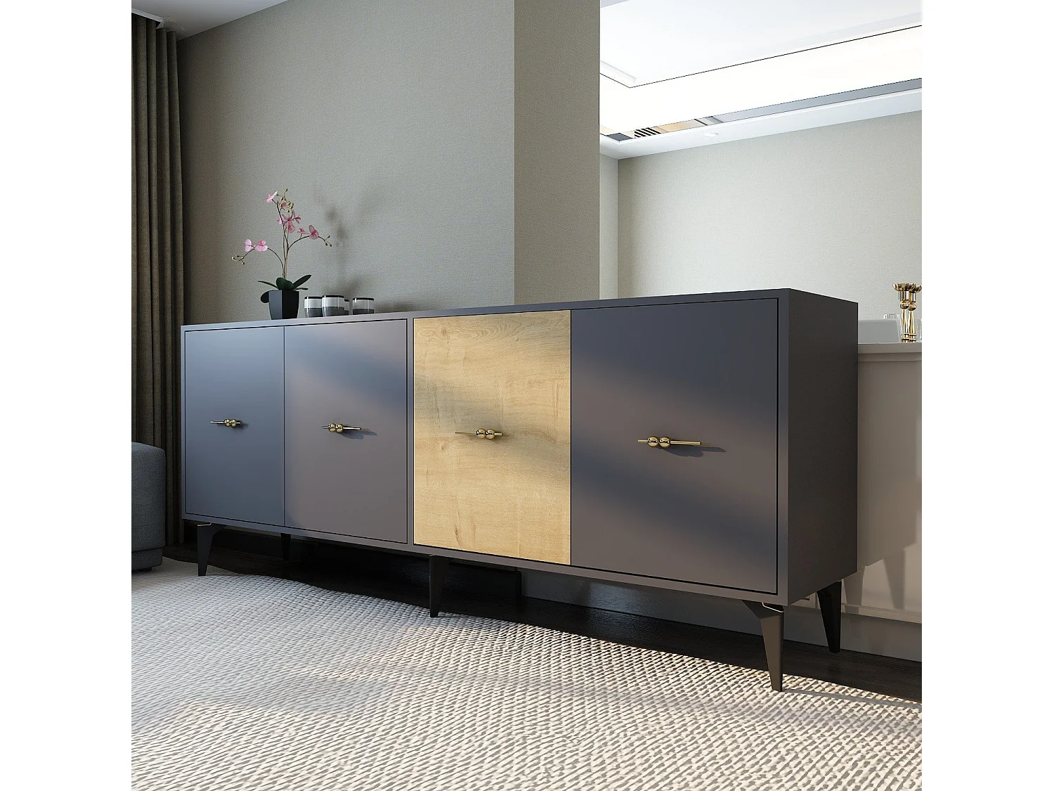 Komoda z płyty wiórowej pokrytej melaminą – 180 cm x 82,6 cm x 35 cm – antracyt i dąb szafirowy