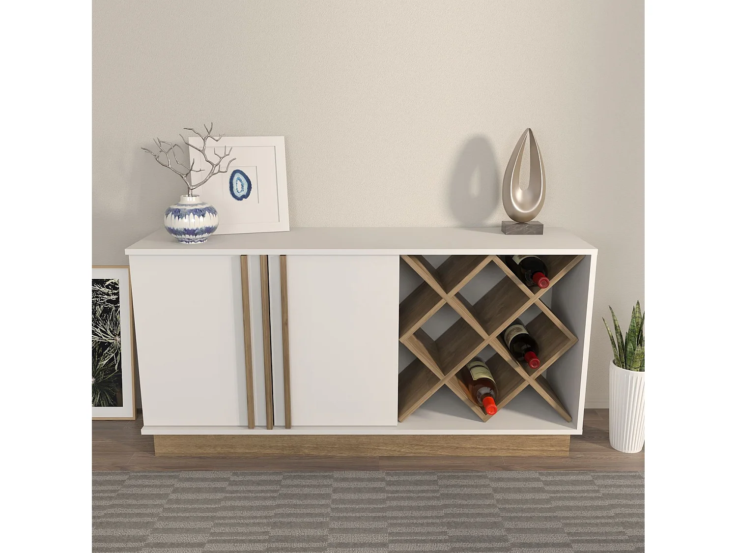 Buffet – 148 cm x 70 cm x 40 cm – Blanc et Noyer – MDF