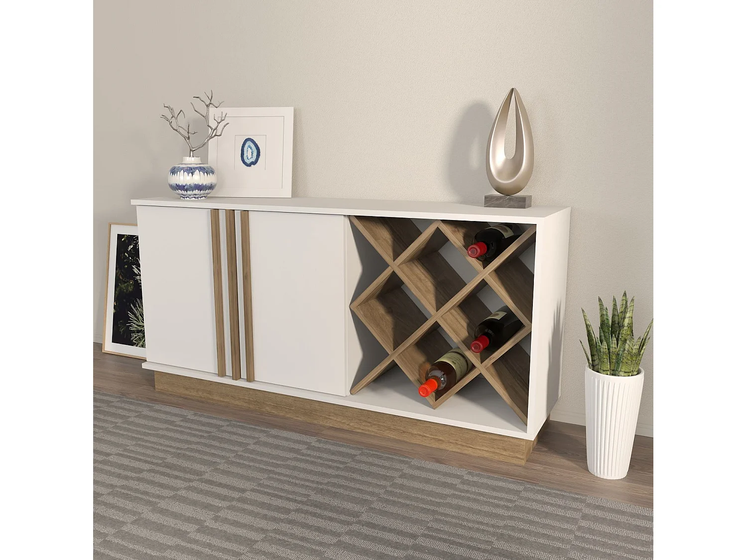 Buffet – 148 cm x 70 cm x 40 cm – Blanc et Noyer – MDF