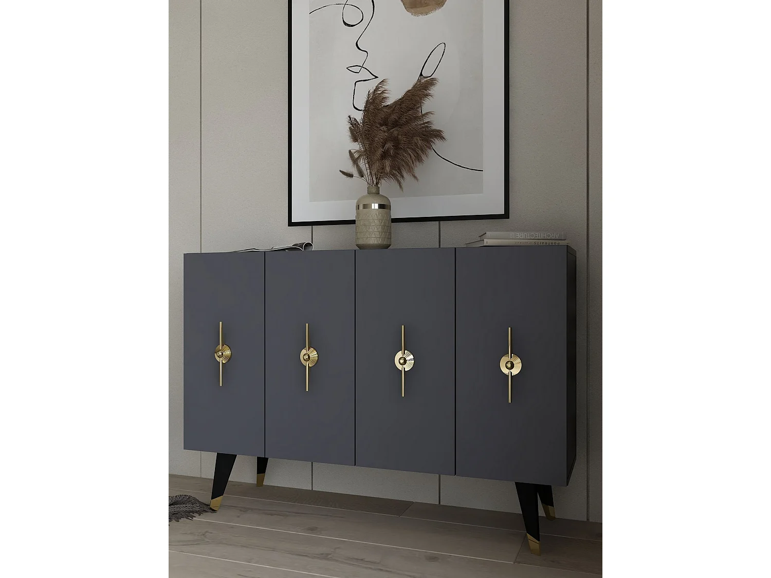 Buffet – 120 cm x 80 cm x 29,6 cm – Or et Anthracite – Panneau de particules mélaminé