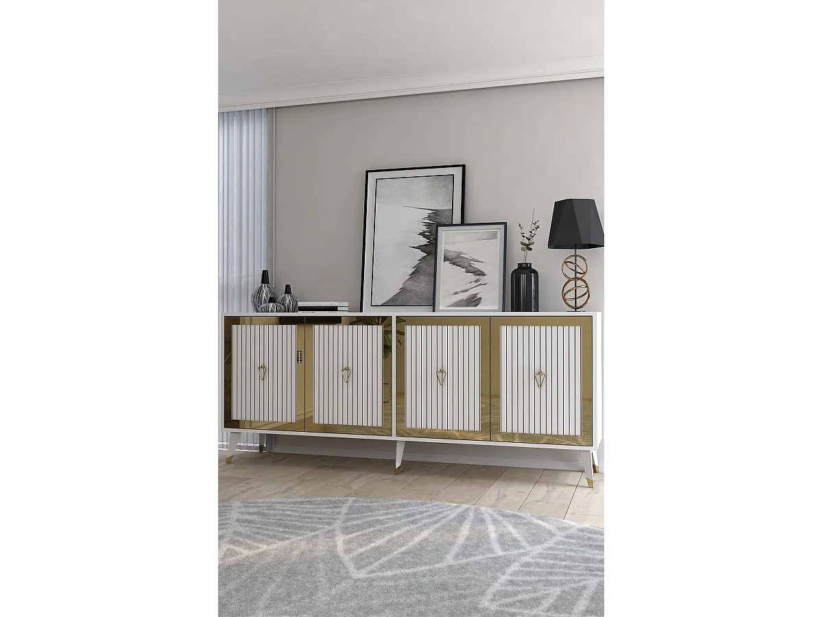 Spanplatten-Sideboard – 180 cm breit, 78,6 cm hoch, 35 cm tief – Weiß und Gold – Melaminbeschichtete Spanplatte