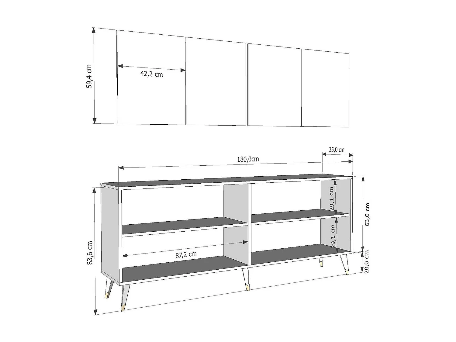 Spanplatten-Sideboard – 180 cm breit, 78,6 cm hoch, 35 cm tief – Weiß und Gold – Melaminbeschichtete Spanplatte