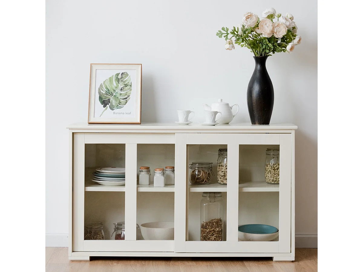 Buffet de cuisine avec 2 étagères et 2 portes, 106 x 33 x 62,5 cm, beige