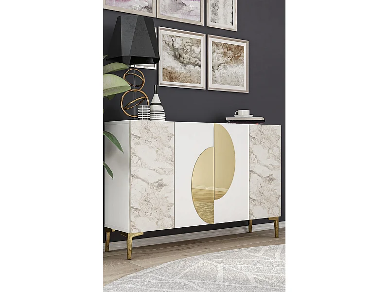 Dressoir – 120 cm x 75 cm x 29,6 cm – Wit, Ephesus-marmer, goud – spaanplaat