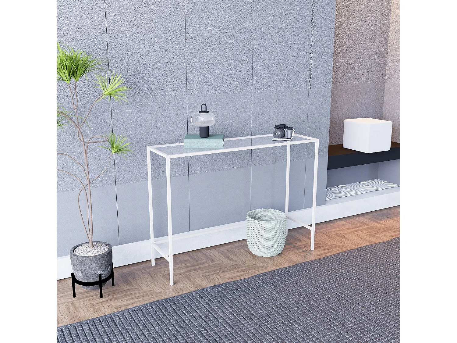 Sideboard – 100 cm x 80 cm – Weiß und Transparent – ​​Glas und Metall