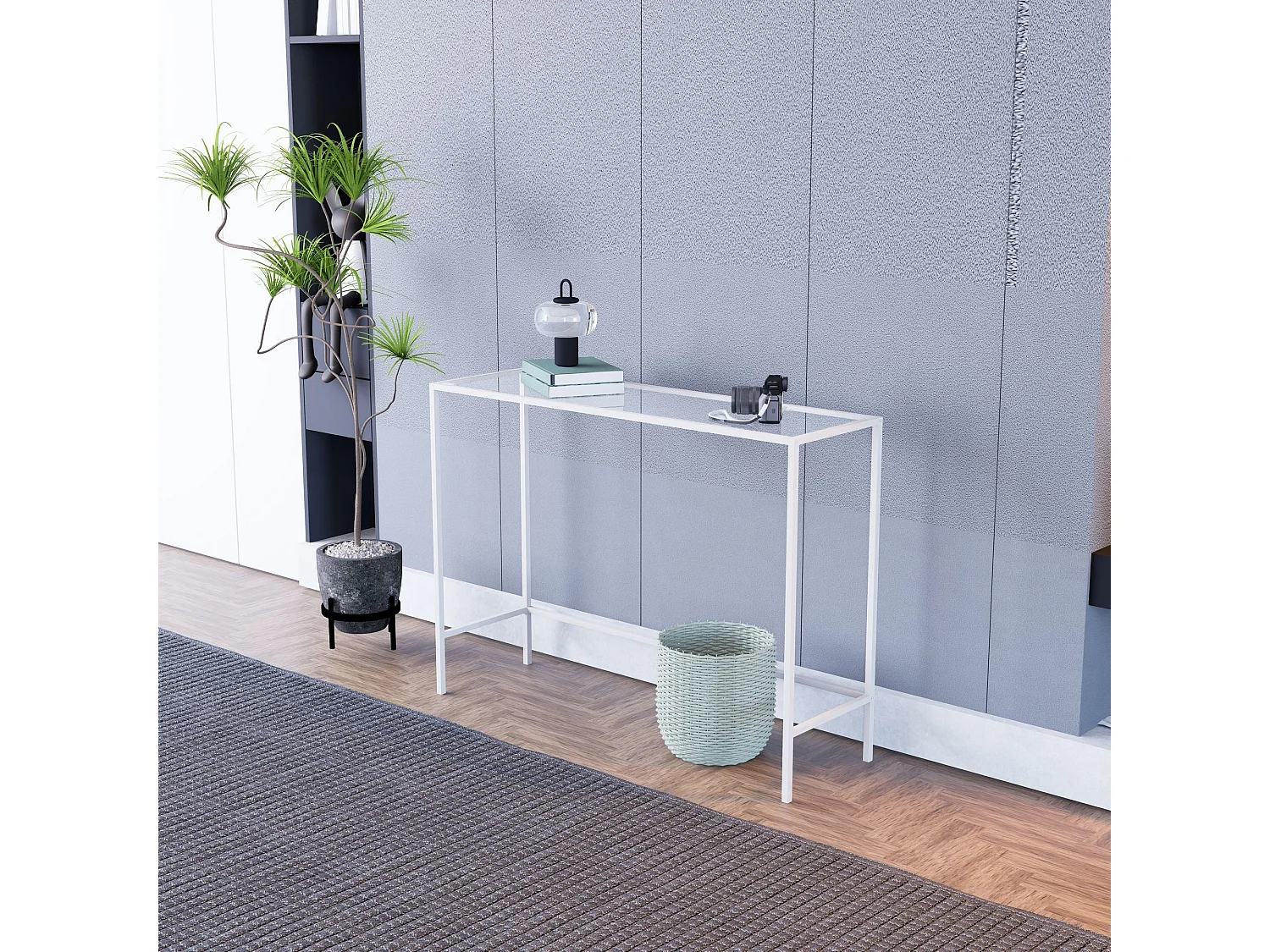 Sideboard – 100 cm x 80 cm – Weiß und Transparent – ​​Glas und Metall