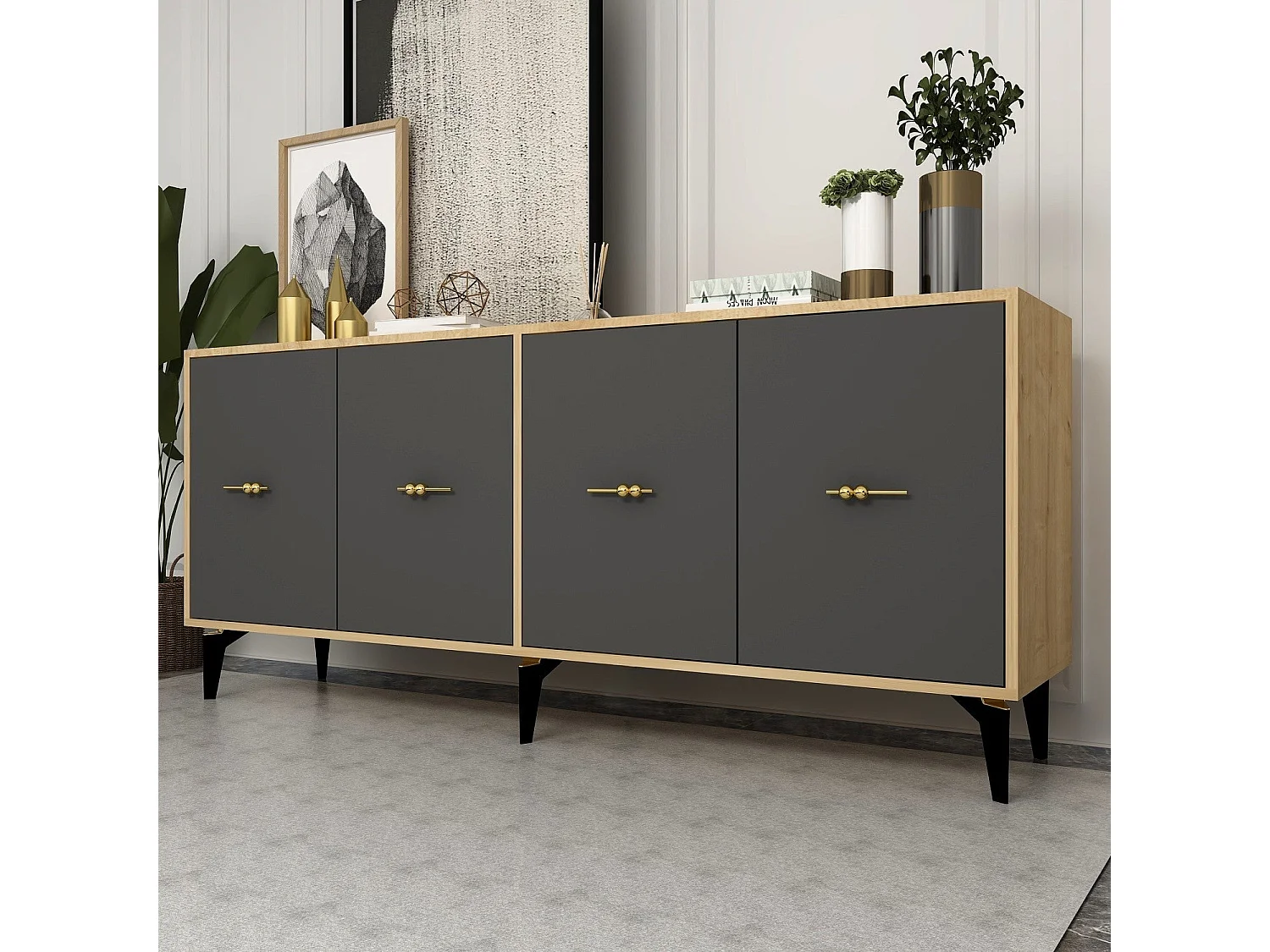 Komoda – 180 cm x 82,6 cm x 35 cm – Dąb szafirowy i antracyt – Płyta wiórowa