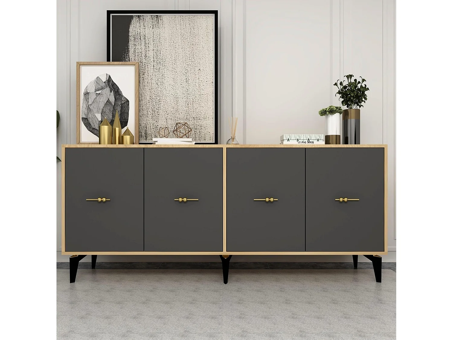 Komoda – 180 cm x 82,6 cm x 35 cm – Dąb szafirowy i antracyt – Płyta wiórowa