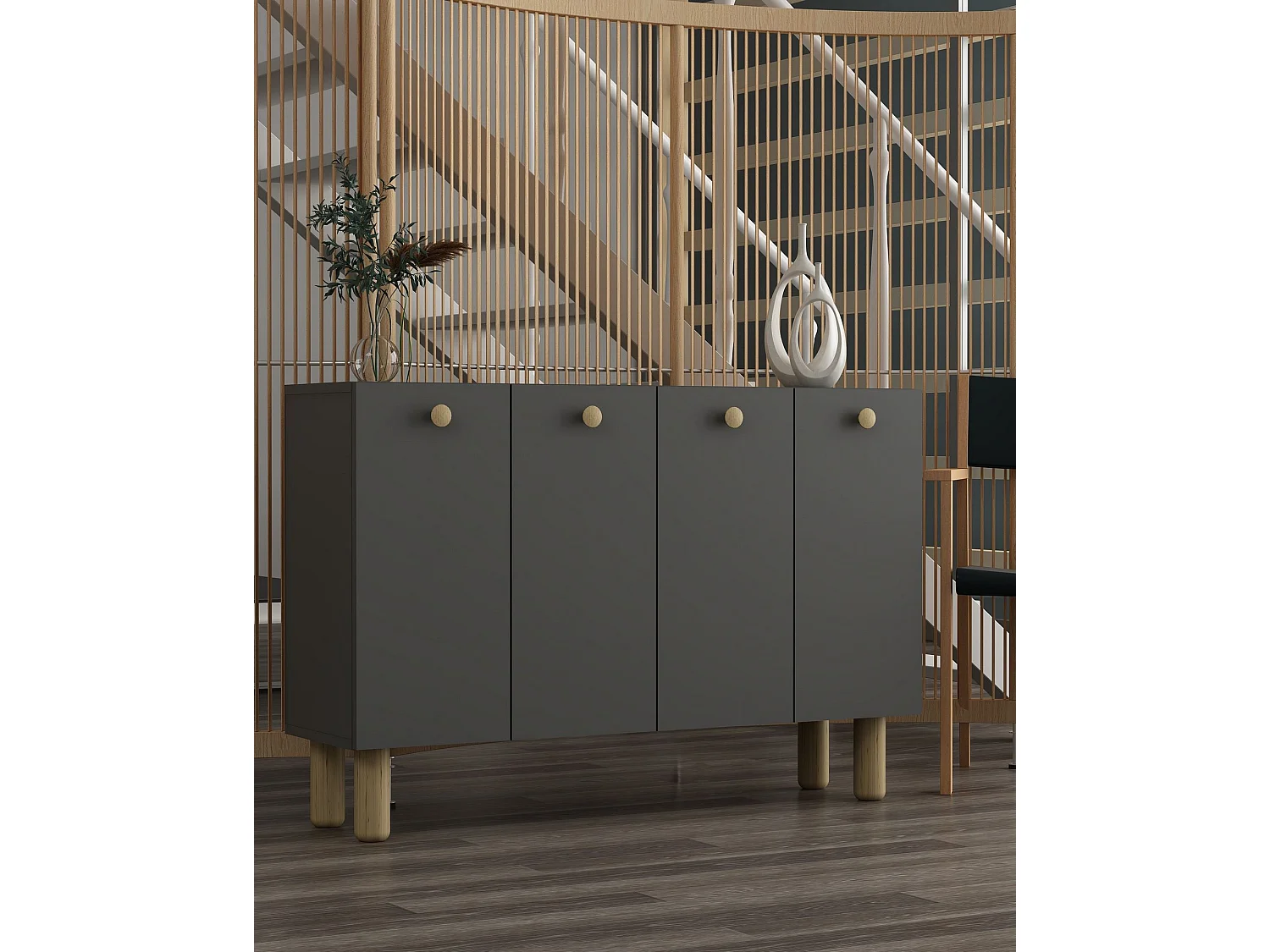 Buffet – 120 cm de large, 80 cm de haut, 29,6 cm de profondeur – Chêne anthracite et saphir – Aggloméré