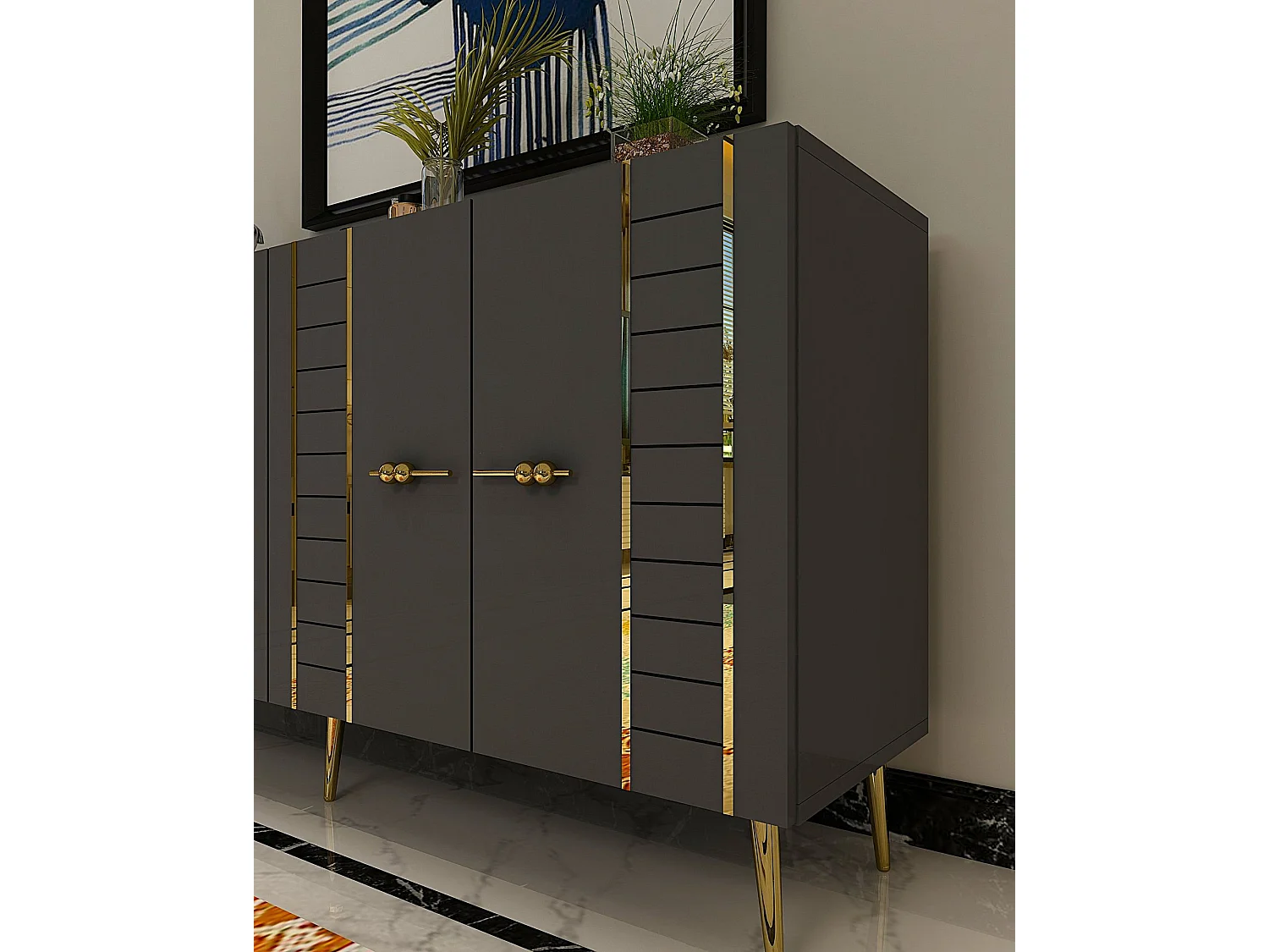 Komoda z płyty wiórowej pokrytej melaminą – 150 cm x 75 cm x 35 cm – antracyt i złoto