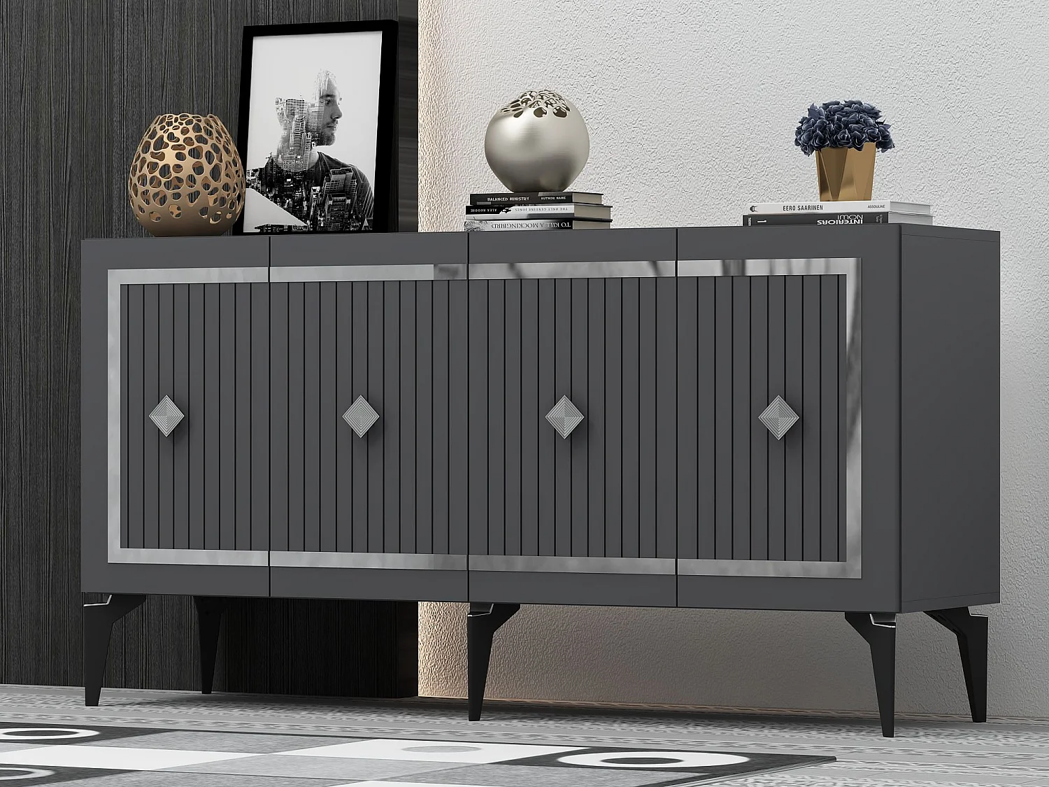 Buffet – 150 cm – Anthracite et Argent – ​​Aggloméré