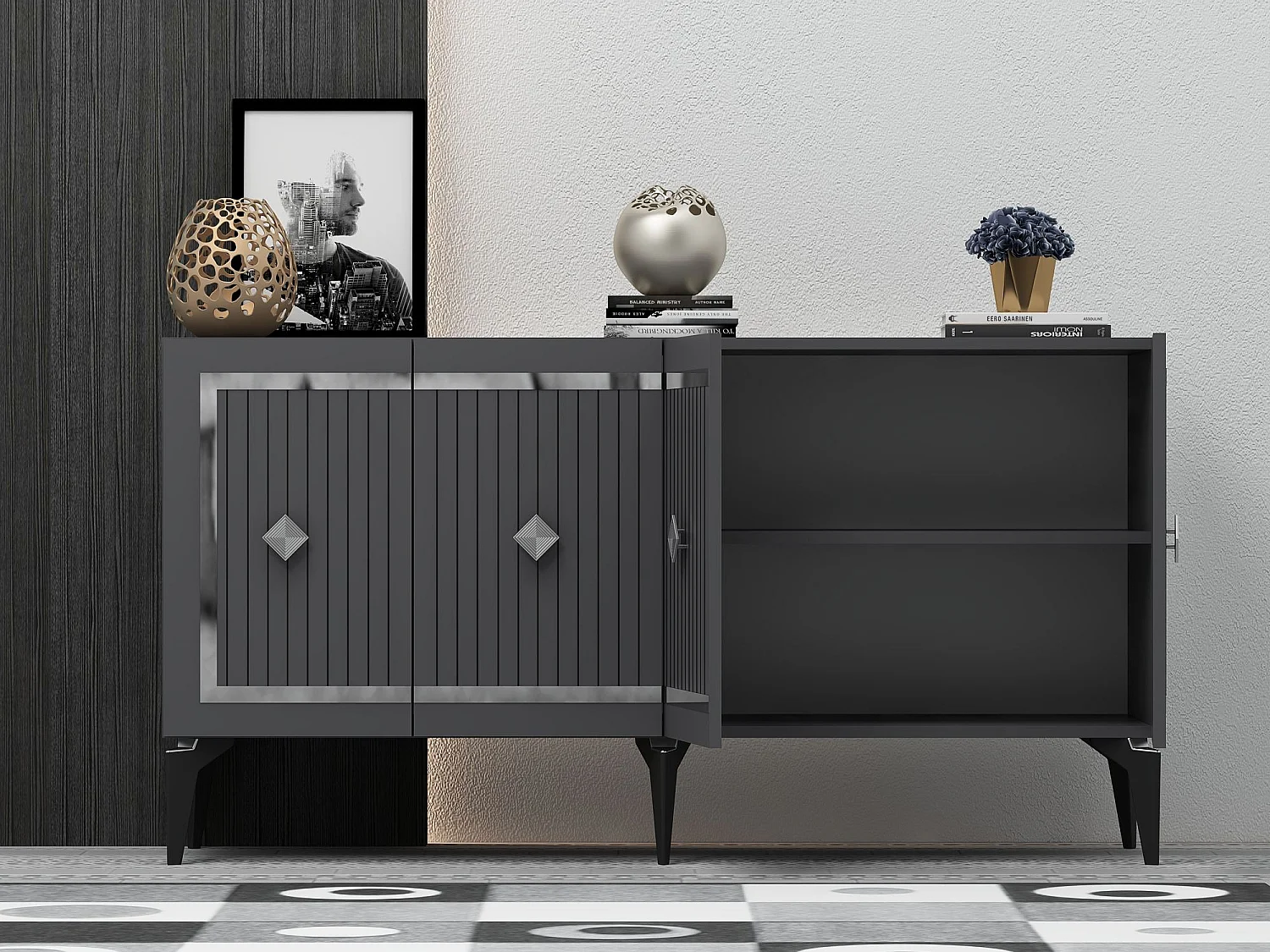 Buffet – 150 cm – Anthracite et Argent – ​​Aggloméré