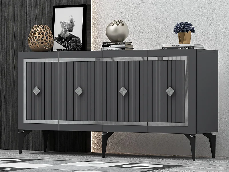 Buffet – 150 cm – Anthracite et Argent – ​​Aggloméré